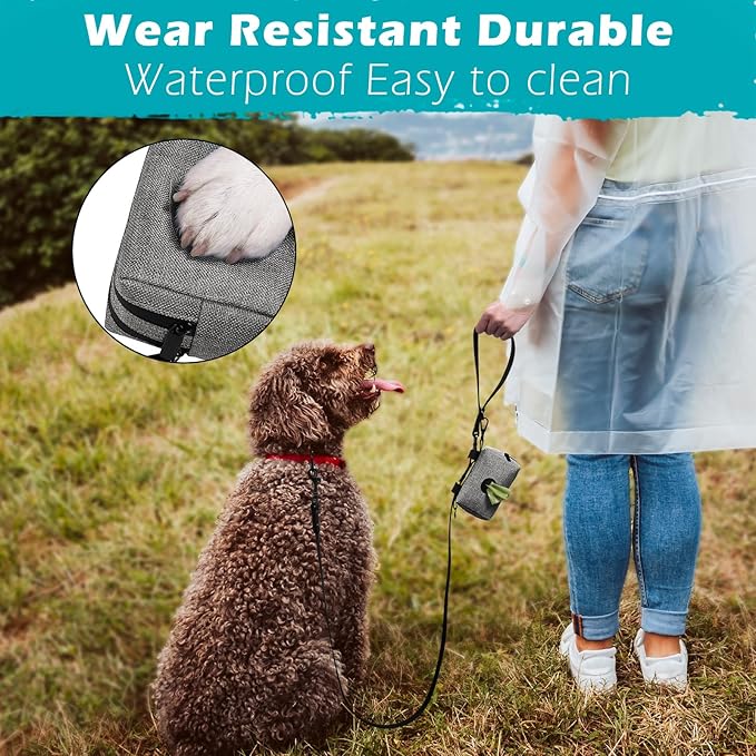 PetBonus Dog Poop Bag Holder, Portable Pet Waste Bag Dispenser, 2 Pouches for Treats and Walking Accessories, Fit All Leashes, Includes 1 Roll of Dog Poop Bags (Grey)