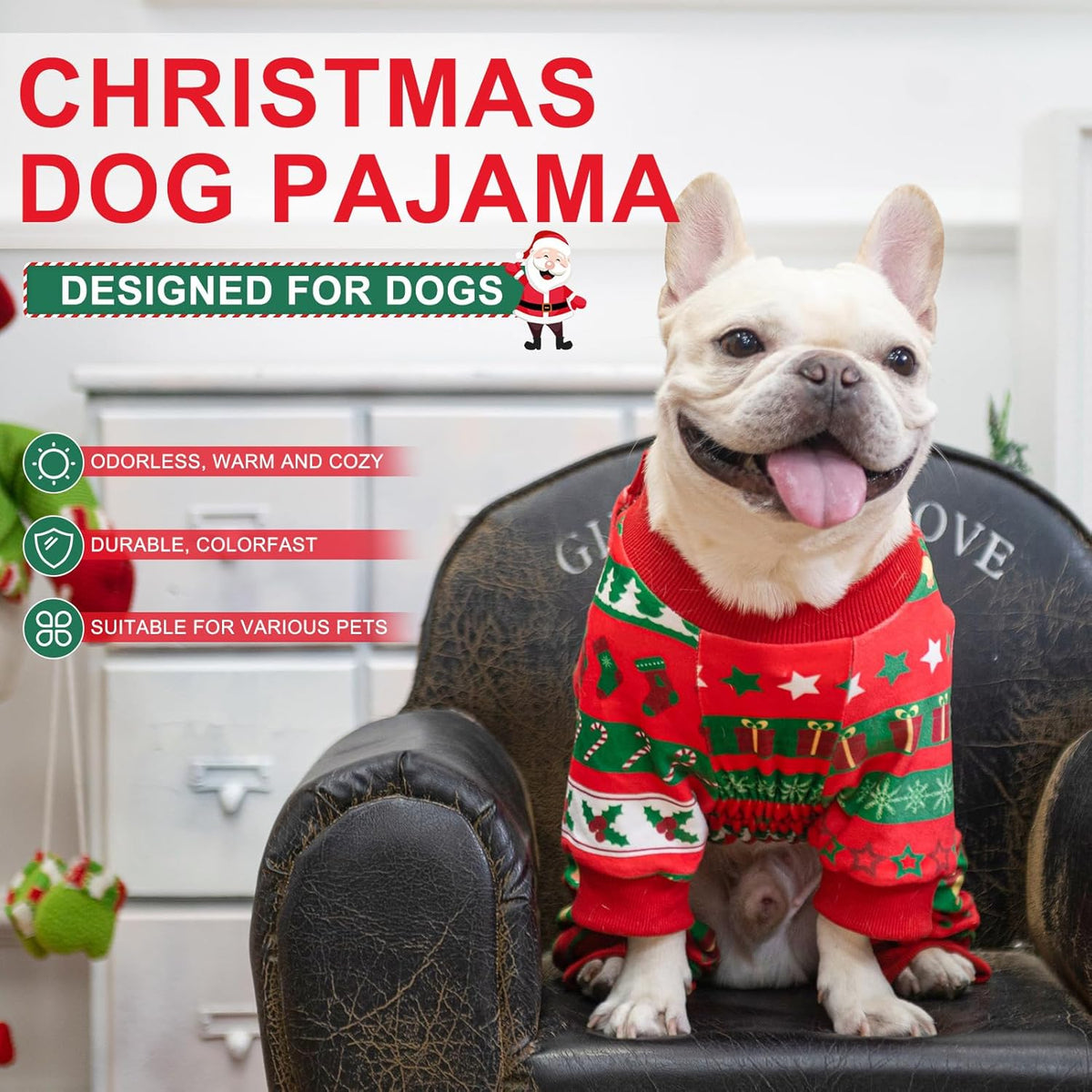 BEA Christmas Dog Pajamas for Extra Large Dogs, Soft Fleece Pet Sweater Clothes Warm Puppy Onesie Outfits for Doggie Winter Christmas - Collar Adjustable Dog Pjs Jammies, Red XL