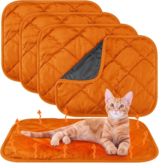 4 Pack Self Heating Cat Pad Self Warming Dog Mat Reflects Body Heat Extra Warm Thermal Pet Pad Washable Dog Cat Bed Crate Bed Mat Blanket(18 x 24 Inch,Orange)