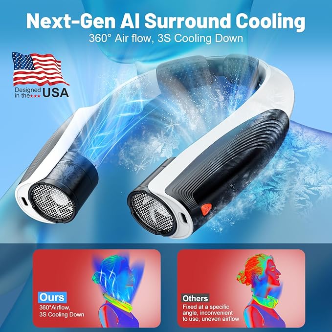 AI Portable Neck Fan with 6 Powerful Speeds, 8000mAh Battery Operated USB-C