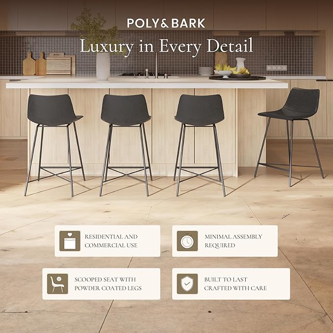 POLY & BARK Paxton Leather Counter Stools 24 Inches - Set of 3 - Counter Height Bar Stools with Back - Modern Barstools for Kitchen Island or Counters - Faux Leather & Matte Black Steel Base - Gray