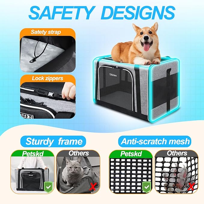 Petskd Extra Large Pet Carrier 24"x17"x17" for Large Cat or Medium Dog, Collapsible Soft Sided Dog cat Carrier for Long Trips with Lockable Safety Zippers(Grey)