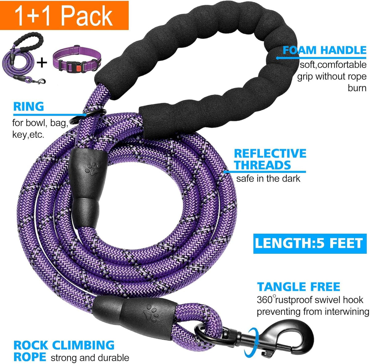 Heavy Duty Dog Leash - Comfortable Padded Handle, 5 ft Long - Dog Leashes for Small Medium Large Dogs (Leash+Collar M Neck 16"-20", Purple)