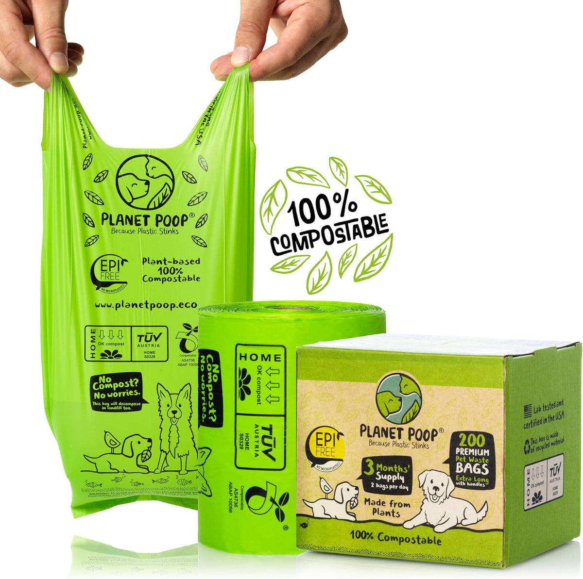 PLANET POOP Home Compostable Dog Poop Bags Extra Long with Handles | Large Single Roll 200 Grab & Go | Un-scented Dog Waste Bag | Leakproof Doggy & Cat Bags | Plant-Based Pet Supplies