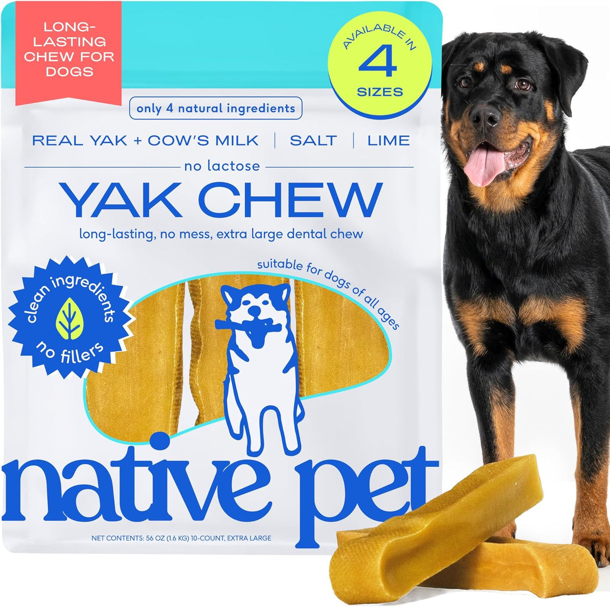 Native Pet Yak Cheese Himalayan Dog Chews XLarge - Long Lasting Dental Sticks for Extra Large Breeds – 100% All Natural Himalayan Yak Chews – Cheese Bone for Aggressive Chewers - 10 Per Pack