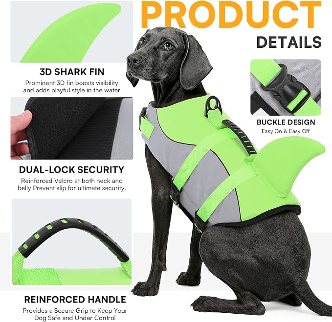 Dog Life Jacket Ripstop Shark Dog Safety Vest Adjustable Preserver with High Buoyancy and Durable Rescue Handle for Small,Medium,Large Dogs, Green Shark Medium