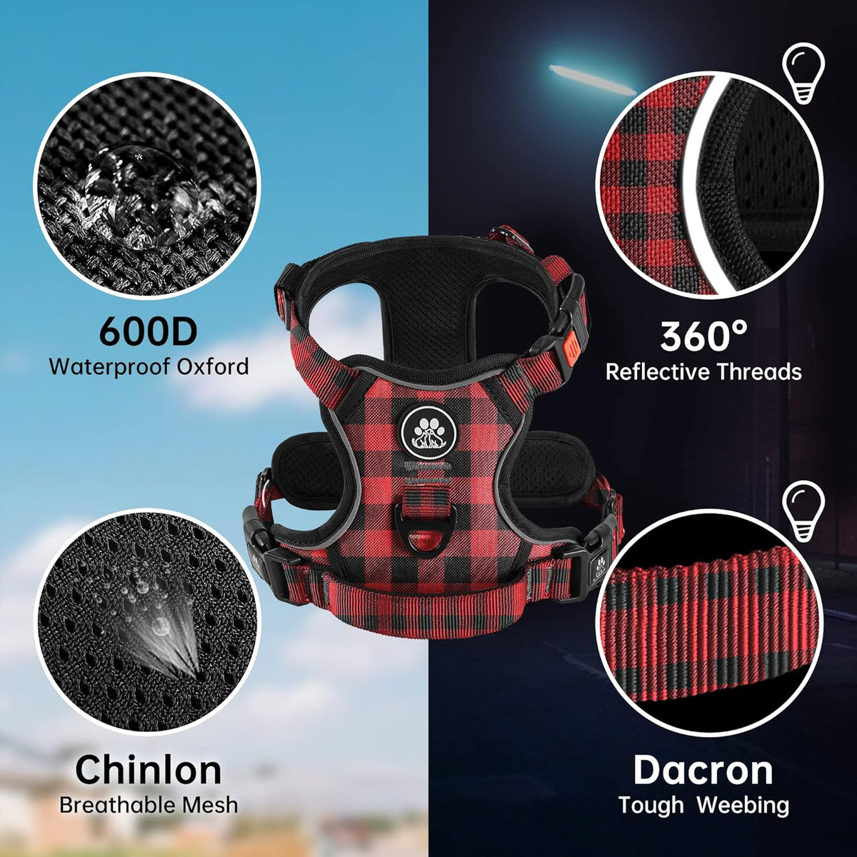 NESTROAD No Pull Dog Harness with Leash, Reflective No Choke Pet Vest Harness,Adjustable Soft Padded Dog Harness with Easy Control Handle for Large Dogs(Checkered Red,Large)
