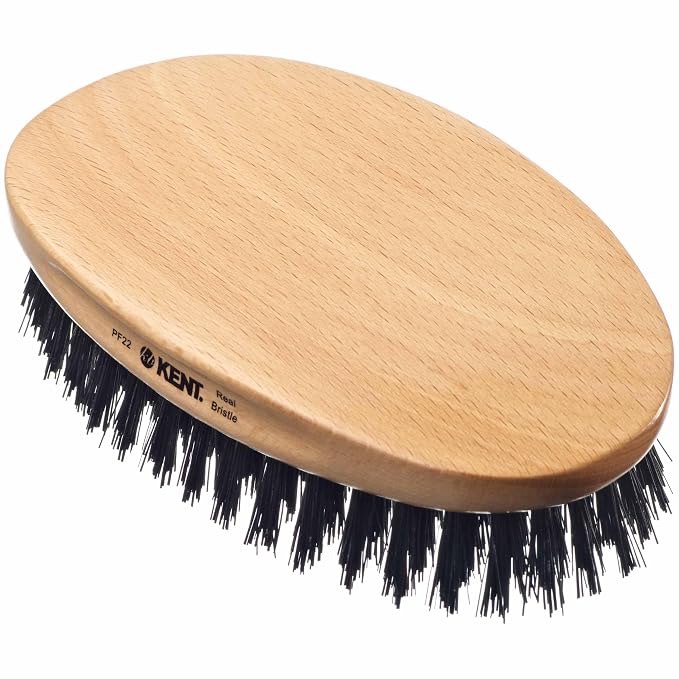 Kent PF22 Oval Black Military Brush - Boar and Nylon Bristle Mix for Men's Grooming, 360 Wave, and Facial Care. Made in England