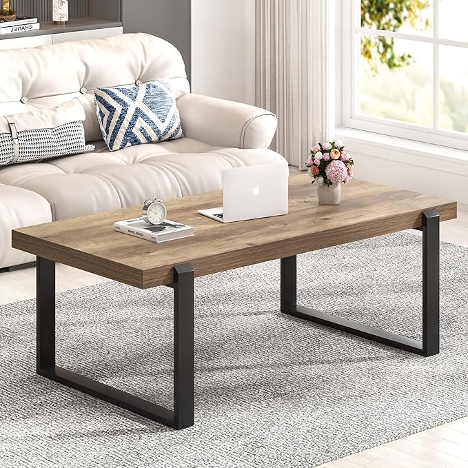 FOLUBAN Rustic Coffee Table, Modern Wood and Metal Industrial Center Table for Living Room, 47 Inch Oak