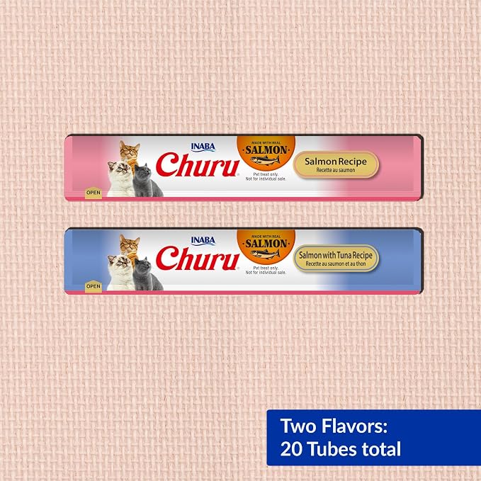 INABA Salmon Churu Cat Treats, Lickable, Squeezable Creamy Purée Cat Treat with Green Tea Extract & Taurine, 0.5 Ounces Each Tube, 20 Tubes, Salmon & Tuna Variety Box