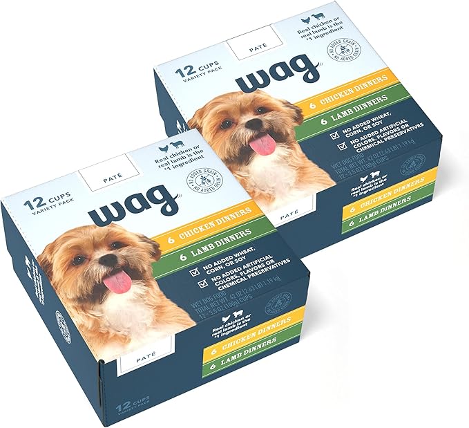 Amazon Brand – Wag Wet Dog Food Cups, Chicken & Lamb Pate Variety Pack, 3.5 Oz, Pack of 24