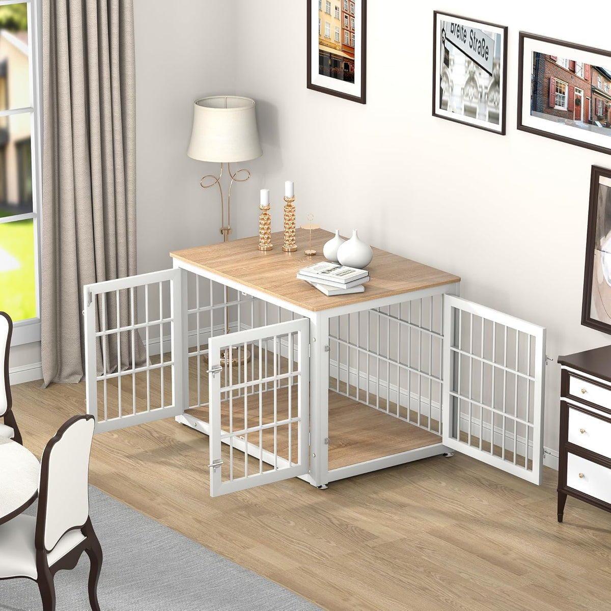 38 Inch Heavy Duty Dog Crate Furniture for Large and Medium Dogs, Decorative Pet House End Table, Wooden Cage Kennel Furniture Indoor, Natural and White
