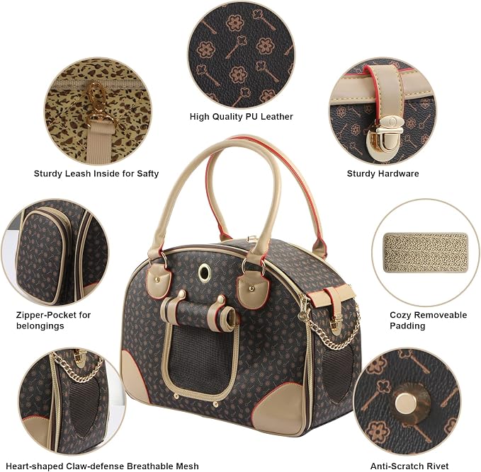 Fashion Dog Carrier PU Leather Dog Handbag Dog Purse Cat Tote Bag Pet Cat Dog Hiking Bag, Brown, Large 42 * 29 * 18cm