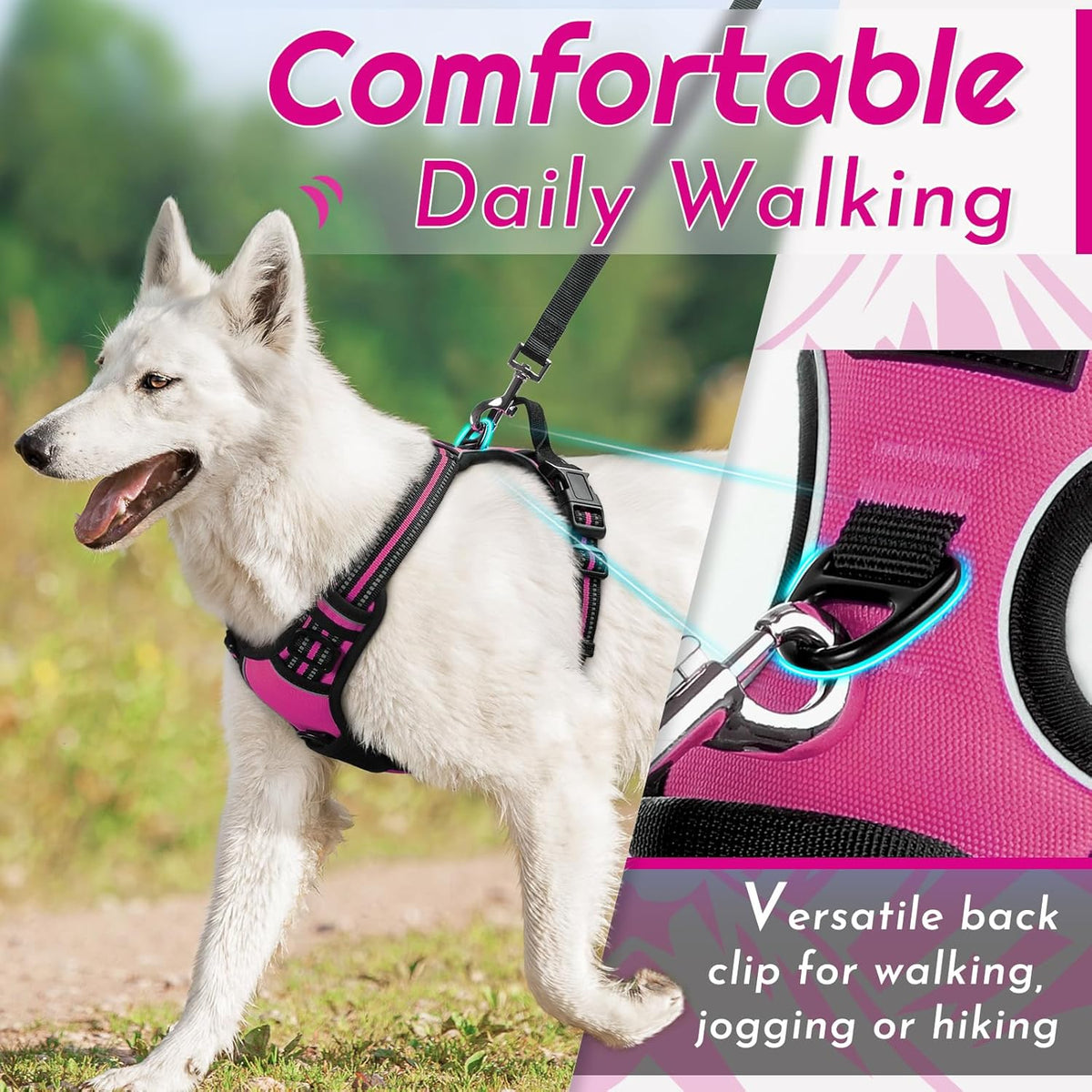 Eagloo Dog Harness Large Breed, No Pull Service Vest with Reflective Strips and Control Handle, Adjustable and Comfortable for Easy Walking, No Choke Pet Harness with 2 Metal Rings, Rose Red, XL