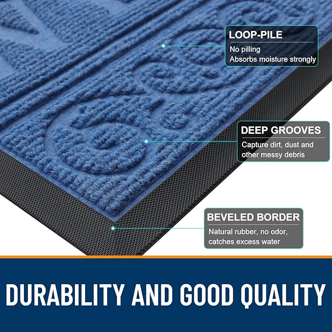 OLANLY Welcome Door Mat Indoor Outdoor Entrance, Heavy Duty Sturdy Front Door Mat, Waterproof All-Weather Doormat, Stain Resistant, Low Profile, Easy Clean Patio Entryway Mat, 36 x 24, Blue