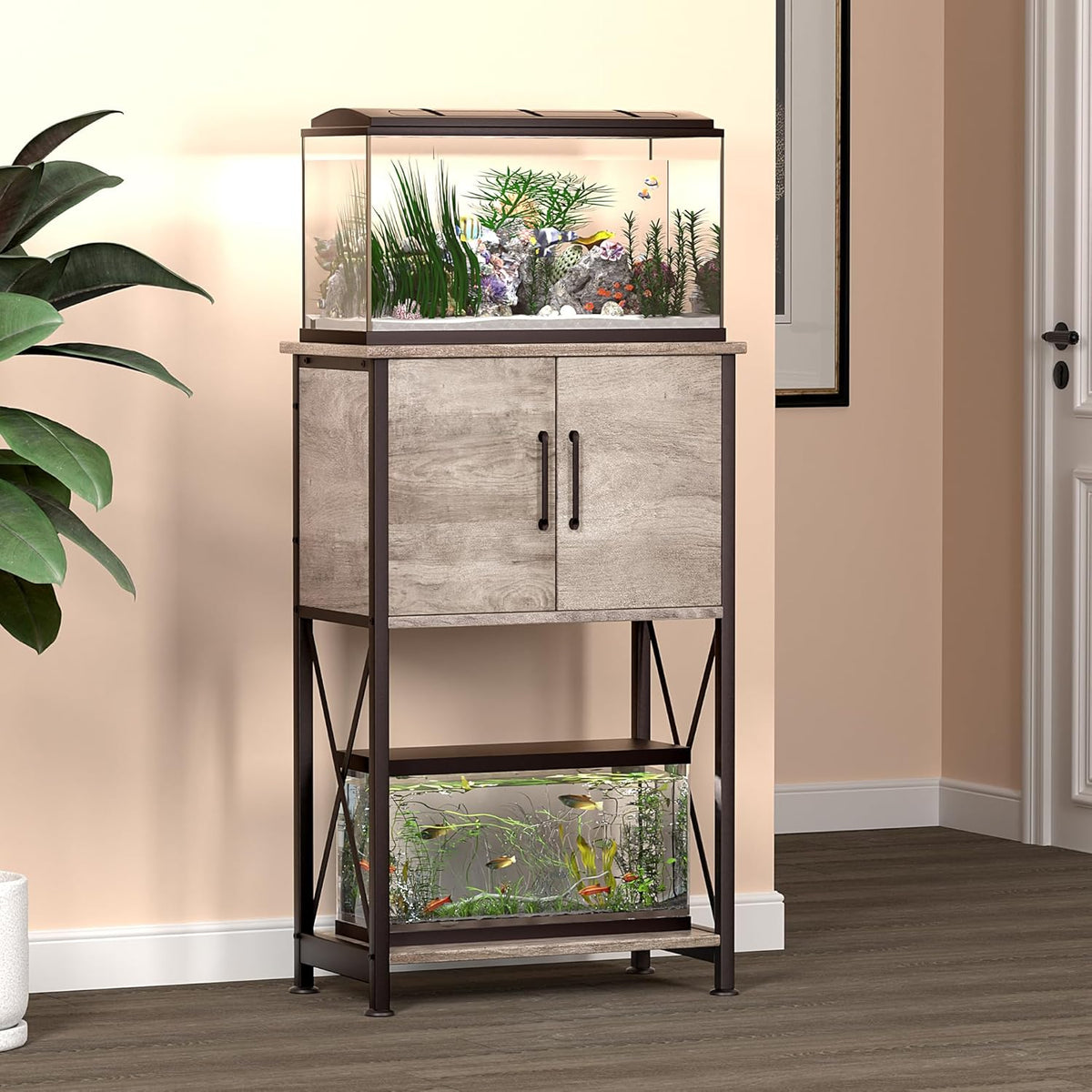 5-10 Gallon Fish Tank Stand, Metal Double Aquarium Stand with Cabinet for Fish Tank Accessories Storage, Heavy Duty 20.5" L* 11.02" W Tabletop, 500LBS Capacity Grey PG06YGZ