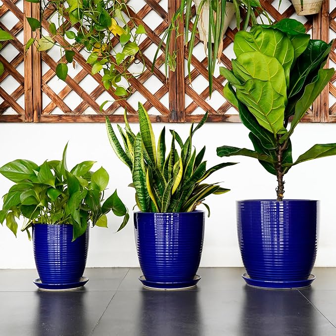 Ceramic Planter Pot - 12 Inch Pot for Plants Large Indoor Plant Pot with Drainage Hole and Saucer Fluted Round Planter for Outdoor Plants Flower Pot for Home Garden Blue