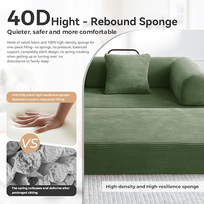Convertible Floor Sofa Bed with Fixed-Shape Frame, King Size Floor Sleeper 5-in-1 DIY Combination Modular Sofa, Modular Chenille Folding Mattress Couch for Living Room Bedroom Playroom (Green)