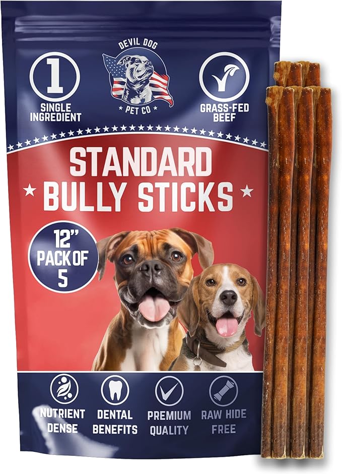 Devil Dog Pet Co. Bully Sticks – 12 Inch, 5 Pack, Standard Sized Dog Chews, 100% Natural, Single Ingredient, Free-Range Grass-Fed Beef – Long Lasting, Rawhide-Free Treats for Dogs