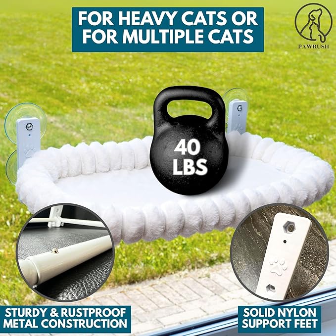 Cat Window Perch — Premium Cat Window Hammock with 4 Large Suction Cups & Soft Bubble Cushion; Strong Rustproof Metal Frame Window Bed Holding 40lbs; Easy Assembly Perch for Indoor Cats; White