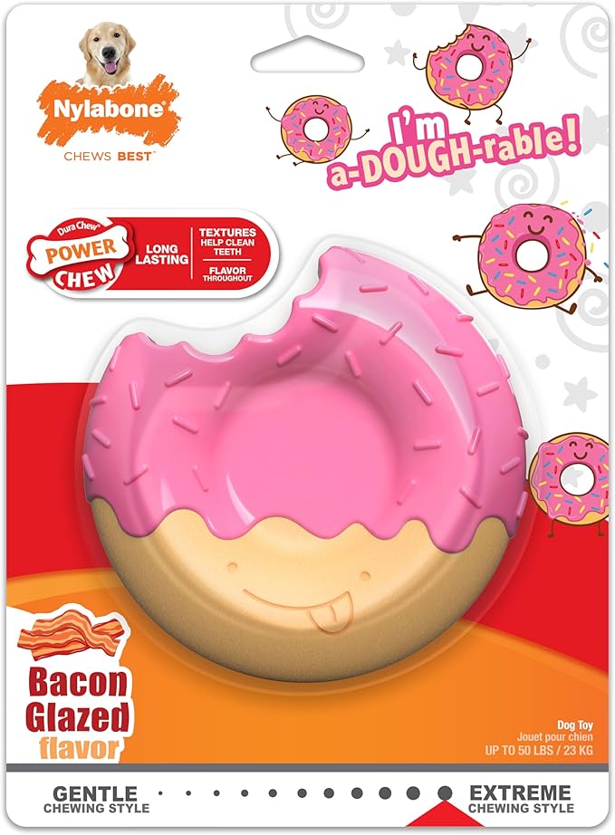 Nylabone Donut Power Chew Toy for Dogs, Dog Toys for Aggressive Chewers, Bacon Glazed Flavor, Large Dogs - Up to 50 lbs, 1 Count