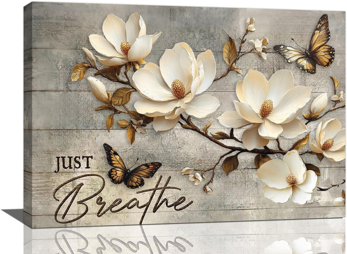 Floral Magnolia Bathroom Pictures Wall Art, Just Breathe Bathroom Wall Decor, Flower Butterfly Framed Painting Canvas Artwork for Bedroom Living Room Decorations 24"L x 16"W