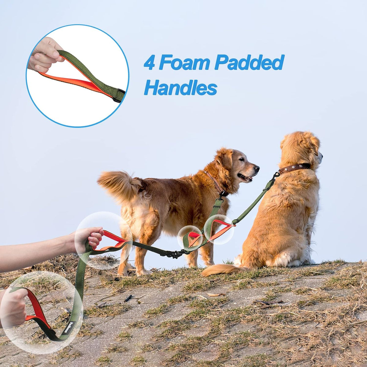 PetBonus Double Dog Leash, No Tangle Dual Leash, Reflective Walking Training Lead, 4 Comfortable Padded Handles for 2 Dogs with Collapsible Bowl and Waste Bags (Khaki Green, Large)