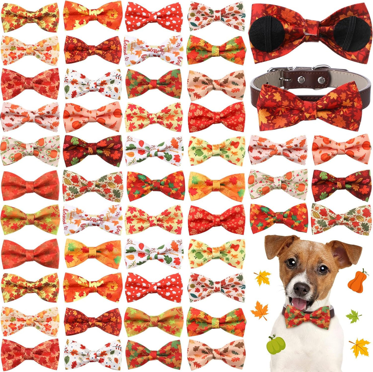 Hillban 50 Pcs Fall Thanksgiving Dog Collar Bow Ties Maple Leaves Dogs Collar Accessories Bow Ties Attachment with Elastic Bands Detachable Charms for Pet Costume Photo Props Accessories Pet Shops