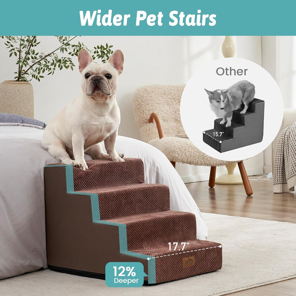 Dog Stairs for Small Dogs, 4 Tier Wider Pet Stairs for Couch and Beds, 17.7" H Non-Slip Dog Steps for Old Cats, Puppy, Small Medium Dogs, 17.7x23.6x17.7 inch, Brown