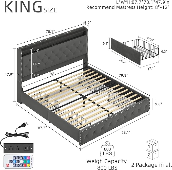 BRELTAM King Size Bed Frame with 4 Storaged Drawers Upholstered Velvet Bed Frame with LED and Charging Station,Platform Bed Frame with Headboard Heavy Duty Wood Slats, Noise Free, Easy Assembly,Grey