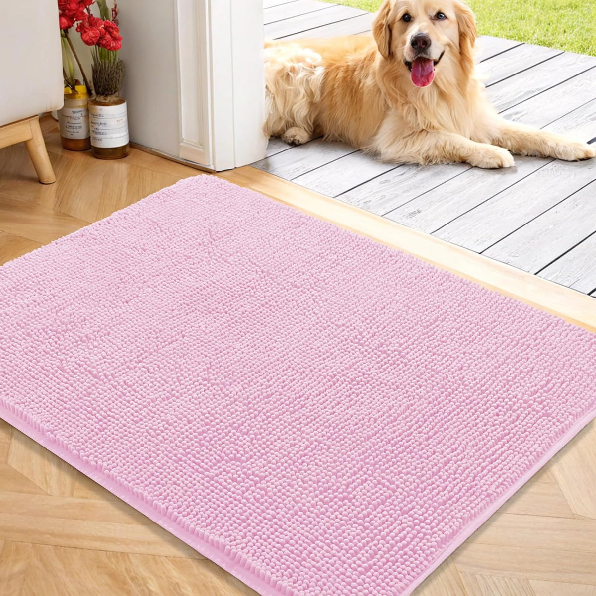 OLANLY Dog Door Mat for Muddy Paws 40x32, Absorbs Moisture and Dirt, Absorbent Non-Slip Washable Doormat, Quick Dry Chenille Mud Mat for Dogs, Entry Indoor Entryway Carpet for Inside Floor, Pink