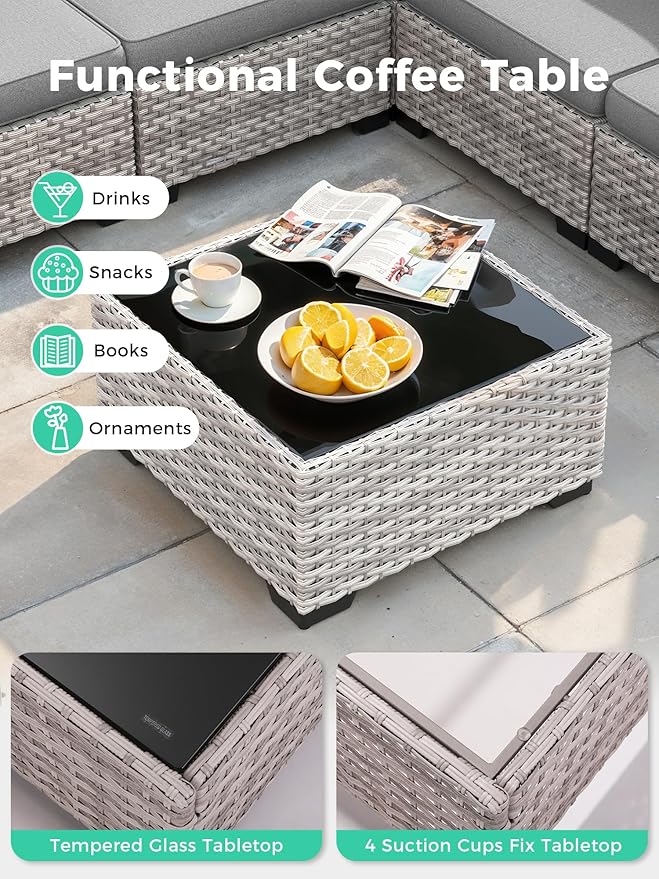 10 Piece Outdoor Wicker Rattan Sectional Sofa Set with Swivel Chairs & Fire Pit Table, 7-Seats with 4" Thickened Cushions & Coffee Table, All-Weather PE Rattan for Garden, Backyard, Porch, Grey