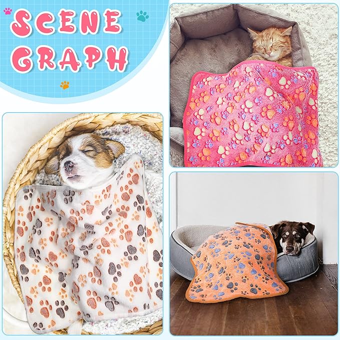 Tatuo 4 Pack Fleece Dog Blankets for Puppy Cats Multi-Size Sleep Mat for Pet Guinea Pig Soft Washable Warm Crate Bed Puppy Teething Toys Print Pattern Blanket Indoor(Pink,30 x 20.5 Inch,Paw)