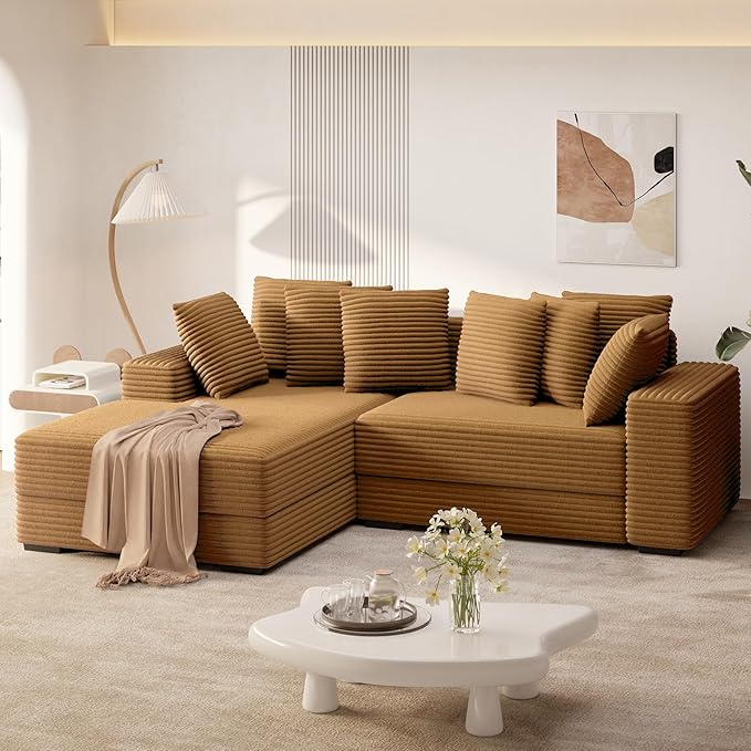 111'' Modern Sectional Cloud Sofa with Chaise, Extra Large Sleeper Couches Corduroy with 8pcs Pillows for Living Room, Bedroom