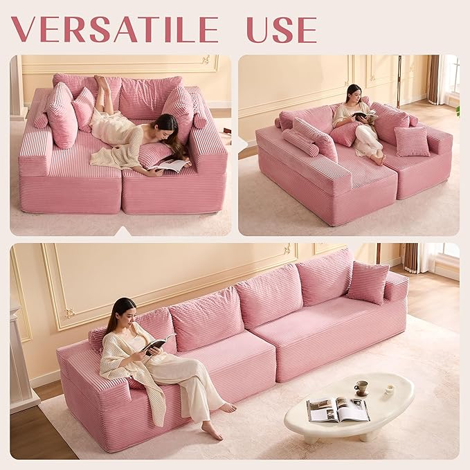138" Modular Sofa Memory Foam Sectional Couches for Living Room, Sleeper Sofa Bed, Corduroy, Pink