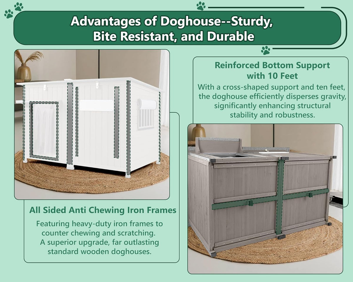 55" Extra Large Outdoor Dog House Weatherproof Wooden Doghouse Indoor for Large Breed Dogs with Anti Bite Frames with Window,10 Elevated Feet, Reinforced Bottom for Pet Up to 220LBS