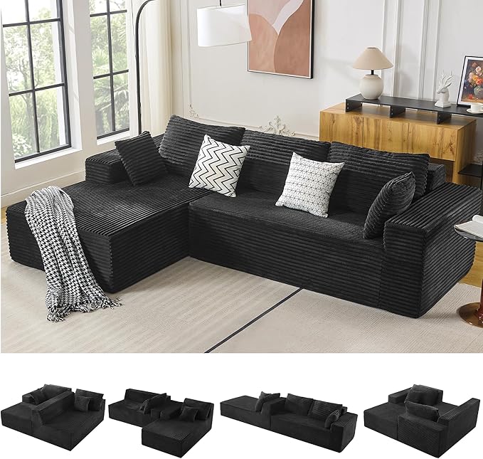110" Boneless Sectional Couch with Chaise Lounge, Cloud Couch Compressed Sofa L Shape, No Assembly Memory Foam Sofa for Living Room, Black Corduroy