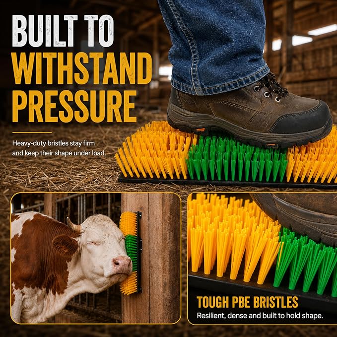 Livestock Scratching Brush 2 Pack for Cattle, Horses and Goats, Bendable Cow Scratcher, Goat Scratching Post and Horse Scratcher with Durable Nylon Bristles and 8 Stainless Steel Screws