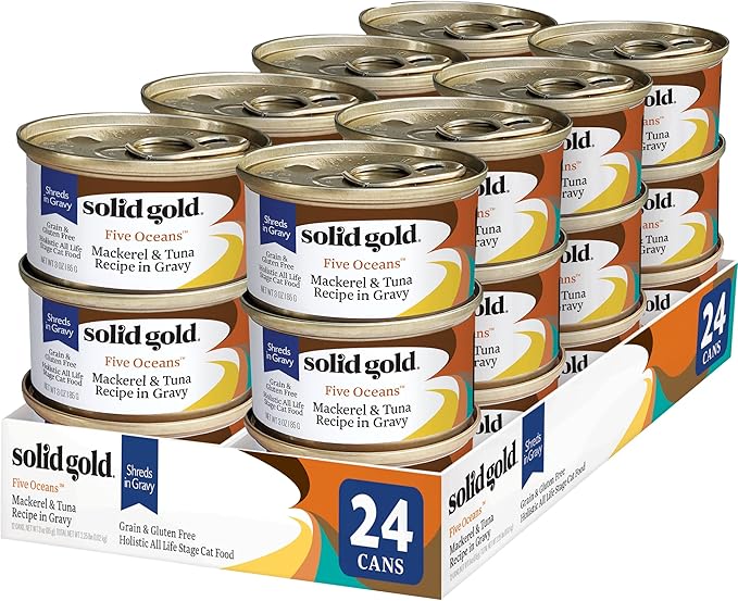 Solid Gold Five Oceans Holistic Grain Free Wet Cat Food, Mackeral & Tuna in Gravy, All Life Stages, 3oz Can, 24 Count (Packaging May Vary)