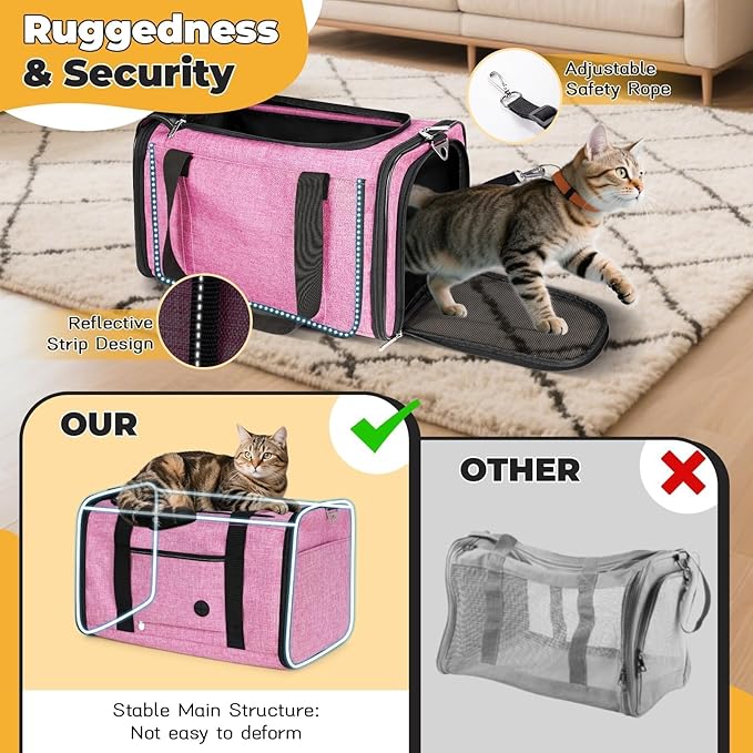 YUDODO 25 lbs Lightproof Soft Sided Pink Pet Carrier for Large Cat & Small Dog Airline Approved Travel Bag Puppy Carriers with Side Pockets & Reflective Mesh, Foldable Portable for Outdoor Car
