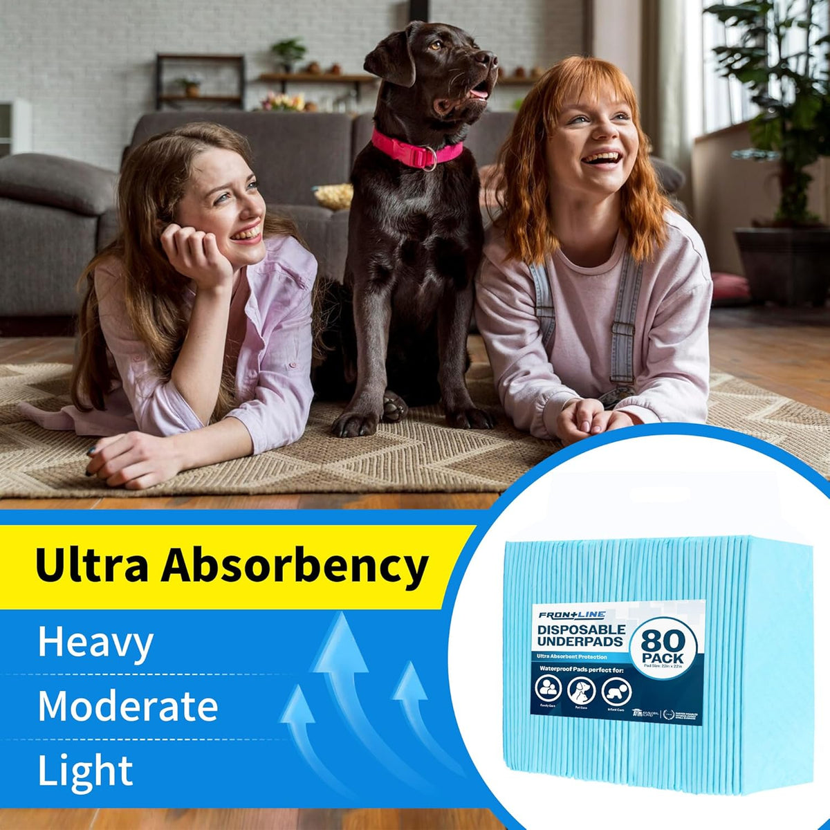 FRONTLINE Disposable Pee Pads 22'' X 22'' Ultra Absorbing Premium Heavy Duty Leakproof Underpads Puppy Essentials Pet Potty Training Wee Wee Pads Waterproof Protection for Dogs, Cats, Baby (320)
