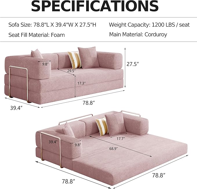 78.8''Convertible Sleeper Sofa Bed,Compressed Floor Boneless Couch,Modular Modern Corduroy Sofa for Living Room Bedroom -with Fixed-Shape Frame and Support Armrest,Easy Assembly(Pink)