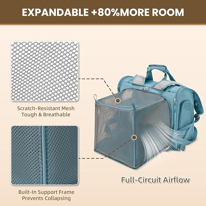 Expandable Cat Carrier Backpack for Large Cats - Airline Approved Pet Carrier Backpack for Small Dogs, Hiking & Travel, Waterproof with Breathable Mesh, 14lbs Capacity (Polar Blue, Standard)