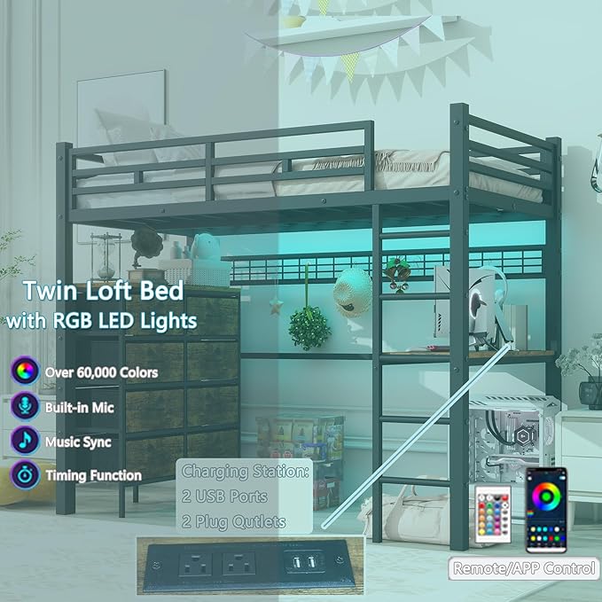 Loft Bed Twin Size with Desk, 8 Storage Drawers, Power Outlet, LED Metal Loft Bed with Storage Shelve, Bed with Safety Guardrail & Ladders,Space-Saving,Black