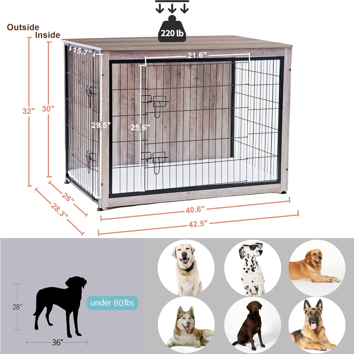 DWANTON Dog Crate Furniture with Cushion, Wooden Kennel Table with Double Doors, Indoor Dog House, Extra Large Size, 43.3" L, Greige
