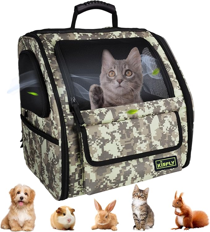 Collapsible Cat Backpack Carrier, Dog Backpack Carrier for Small Dogs Cats Up to 12 Lbs, Three-Sided Breathable Pet Backpack with Soft Padded, Designed for Outdoor and Travel Use, Camo