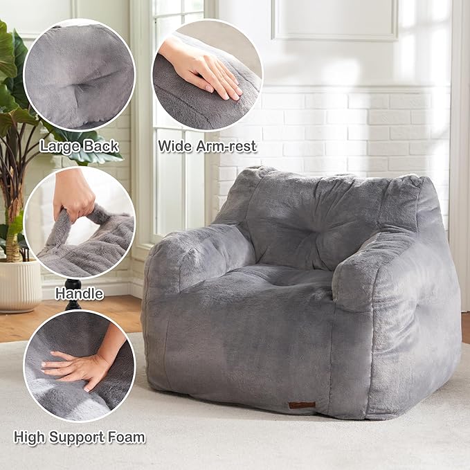 Hobestluk Bean Bag Chair for Adult Small Bean Bag Chairs with Arms Furry Beanbag Chair with Foam Filler Stuffed Bean Bag Sofa for Reading in Bedroom Living Room and Dorms(Grey)