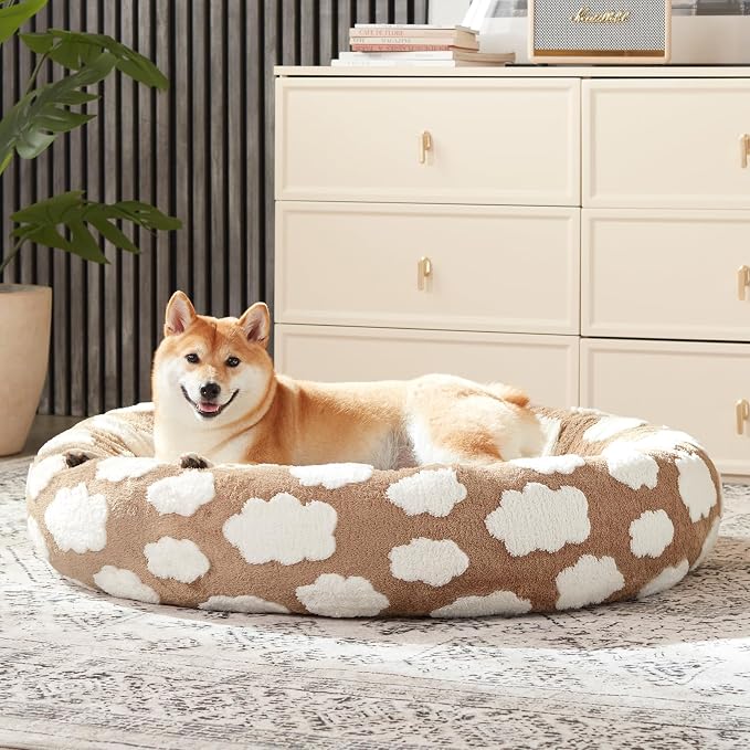 JOEJOY Jacquard Donut Round Dog Beds Large Sized Dog, Brown 36x36x8in, Removable Washable Cover, Cute Pattern, Ultra Soft Fluffy Calming Pet Bed with Thick Supportive Bolster