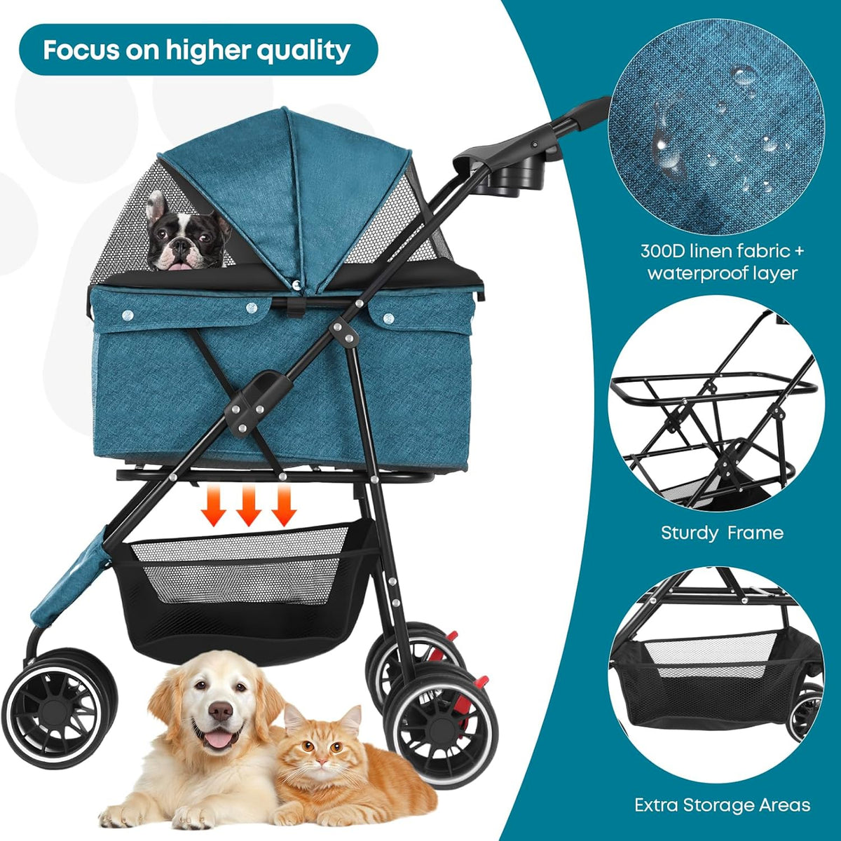 Pet Stroller,Dog Stroller for Small Medium Dogs Cats,3 Wheels,Foldable,with Breathable Mesh Canopy,Cup Holders,Easy Assembly,Green