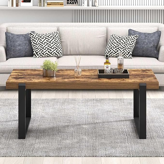 FOLUBAN Coffee Table, Modern Rustic Wood and Metal Center Table, Industrial Rectangle Cocktail Tea Table for Living Room, Brown, 47 Inch